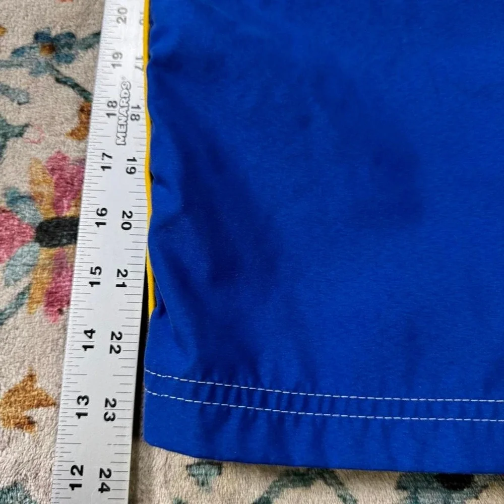 Phys Sci Mens Blue Board Shorts Size 36 Y2K Yellow Stripe Cargo Swim Trunks